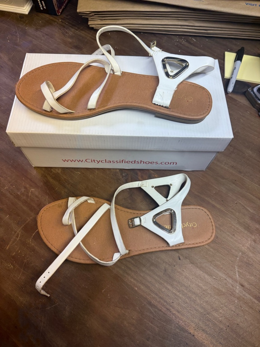 Cityclassified White Strappy T-Back Flat Sandals with Metallic Accent
